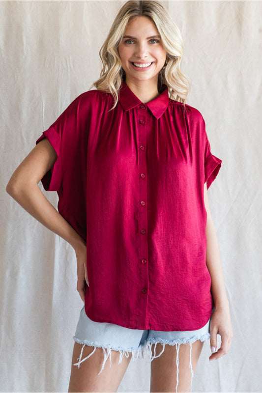 BURGUNDY SILK BUTTON DOWN TOP