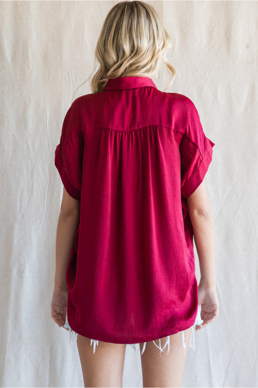 BURGUNDY SILK BUTTON DOWN TOP