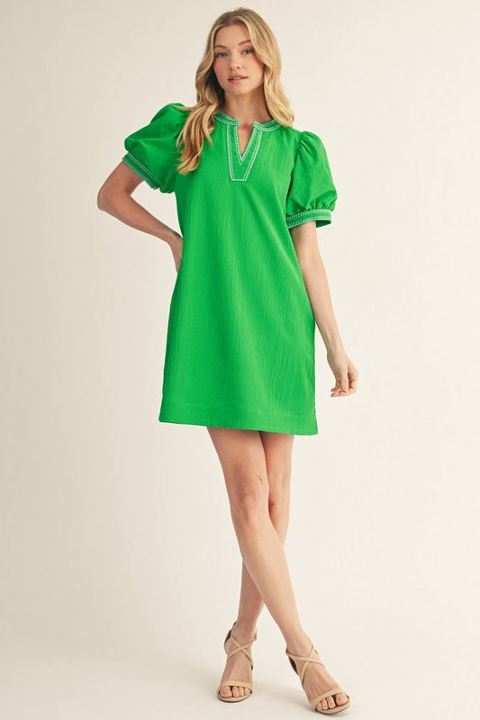 BUBBLE SLEEVE KELLY GREEN DRESS