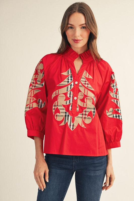 WM PLAID 3/4 RED TOP