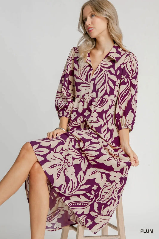 FLORAL PRINT PLUM MIDI DRESS