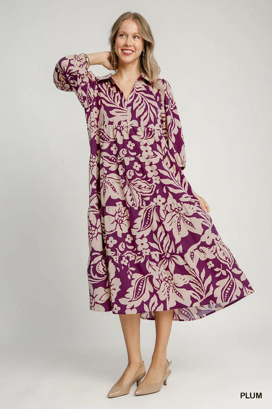 FLORAL PRINT PLUM MIDI DRESS