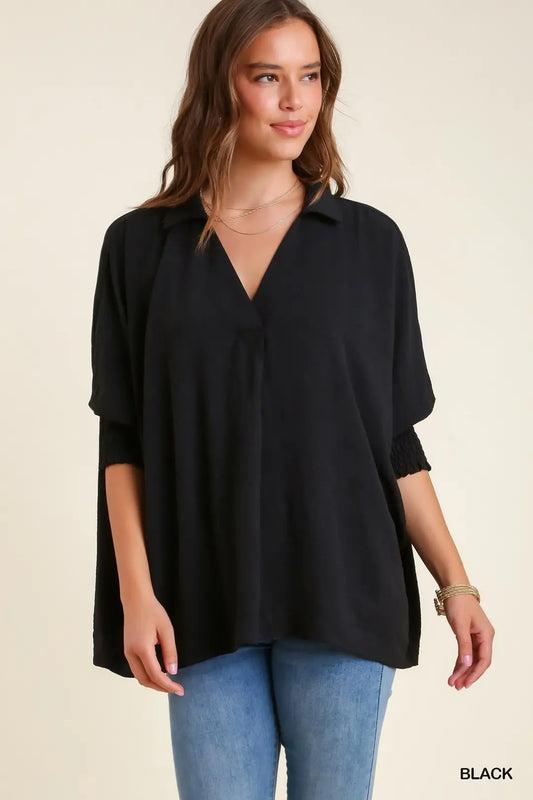 RUFFLE 3/4 SLEEVE BLK TOP