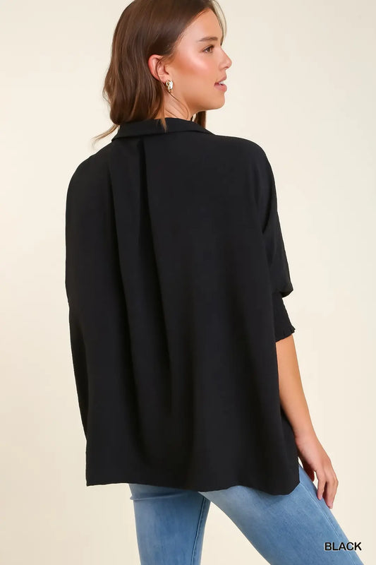 RUFFLE 3/4 SLEEVE BLK TOP