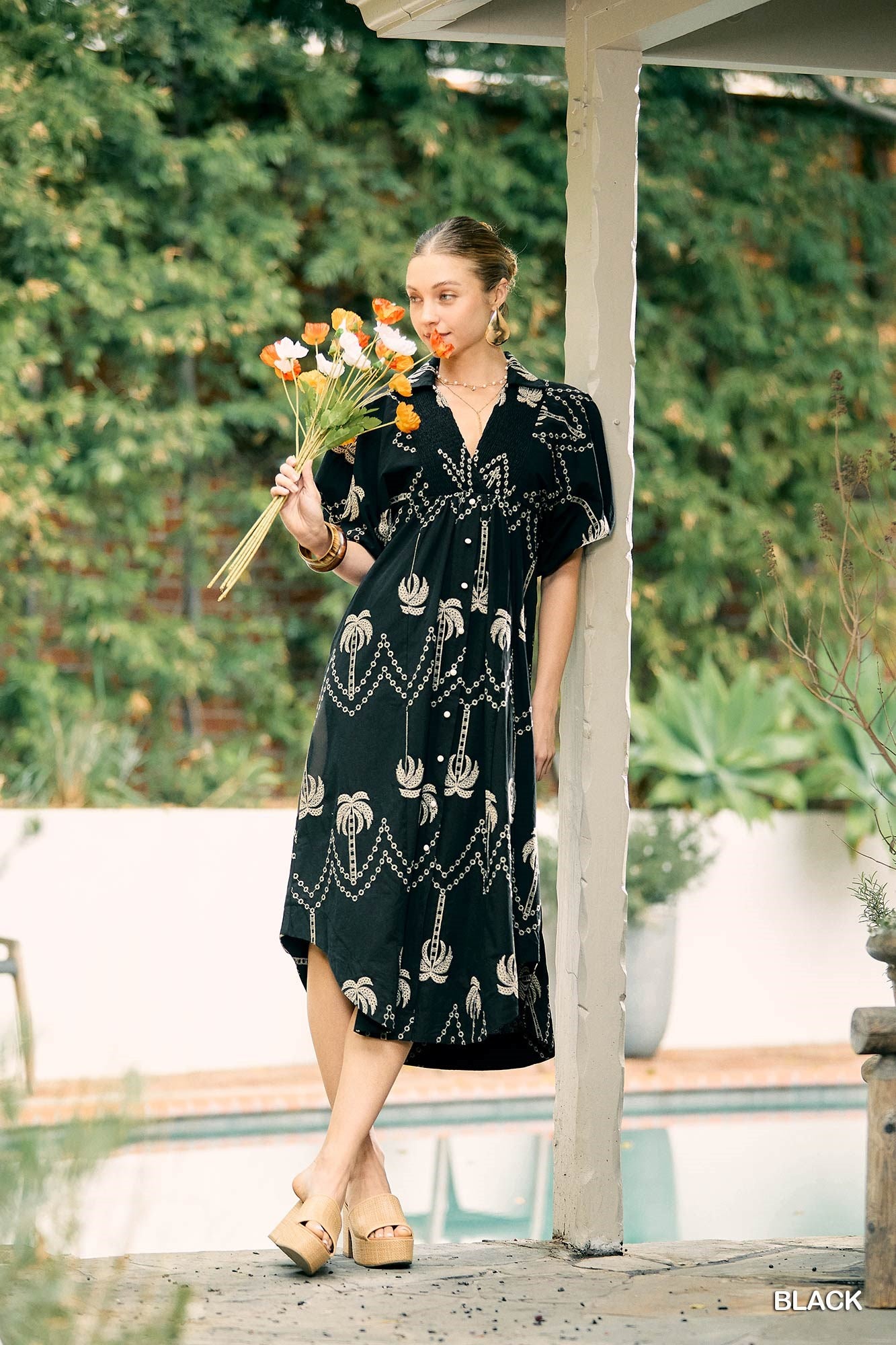 EMBROIDERED PUFF MIDI DRESS