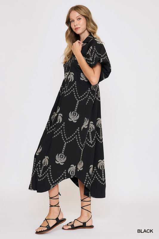 EMBROIDERED PUFF MIDI DRESS