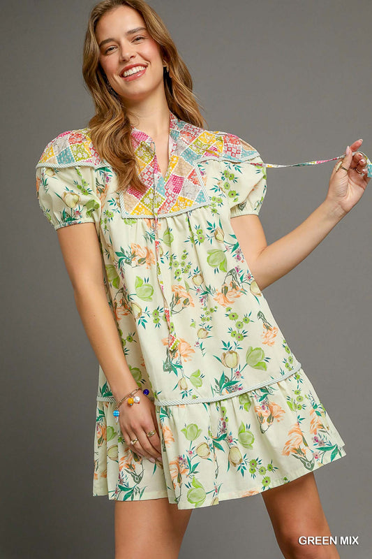 FLORAL BABY-DOLL GREEN MIX DRESS
