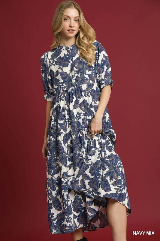 LEAF PRINT TIERED DRESS