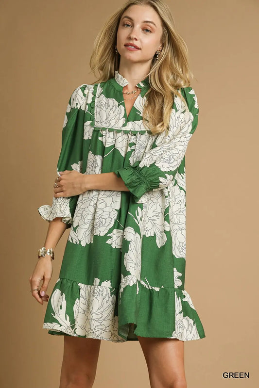 FLORAL TIERED BABYDOLL GREEN DRESS