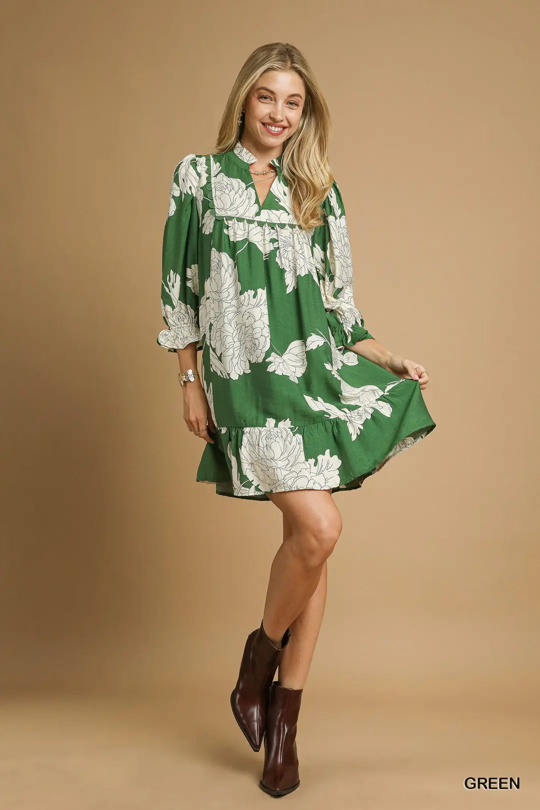 FLORAL TIERED BABYDOLL GREEN DRESS