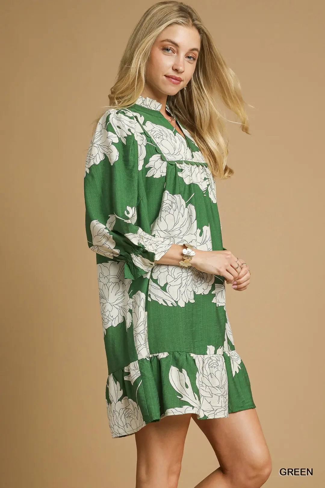FLORAL TIERED BABYDOLL GREEN DRESS