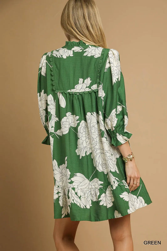 FLORAL TIERED BABYDOLL GREEN DRESS