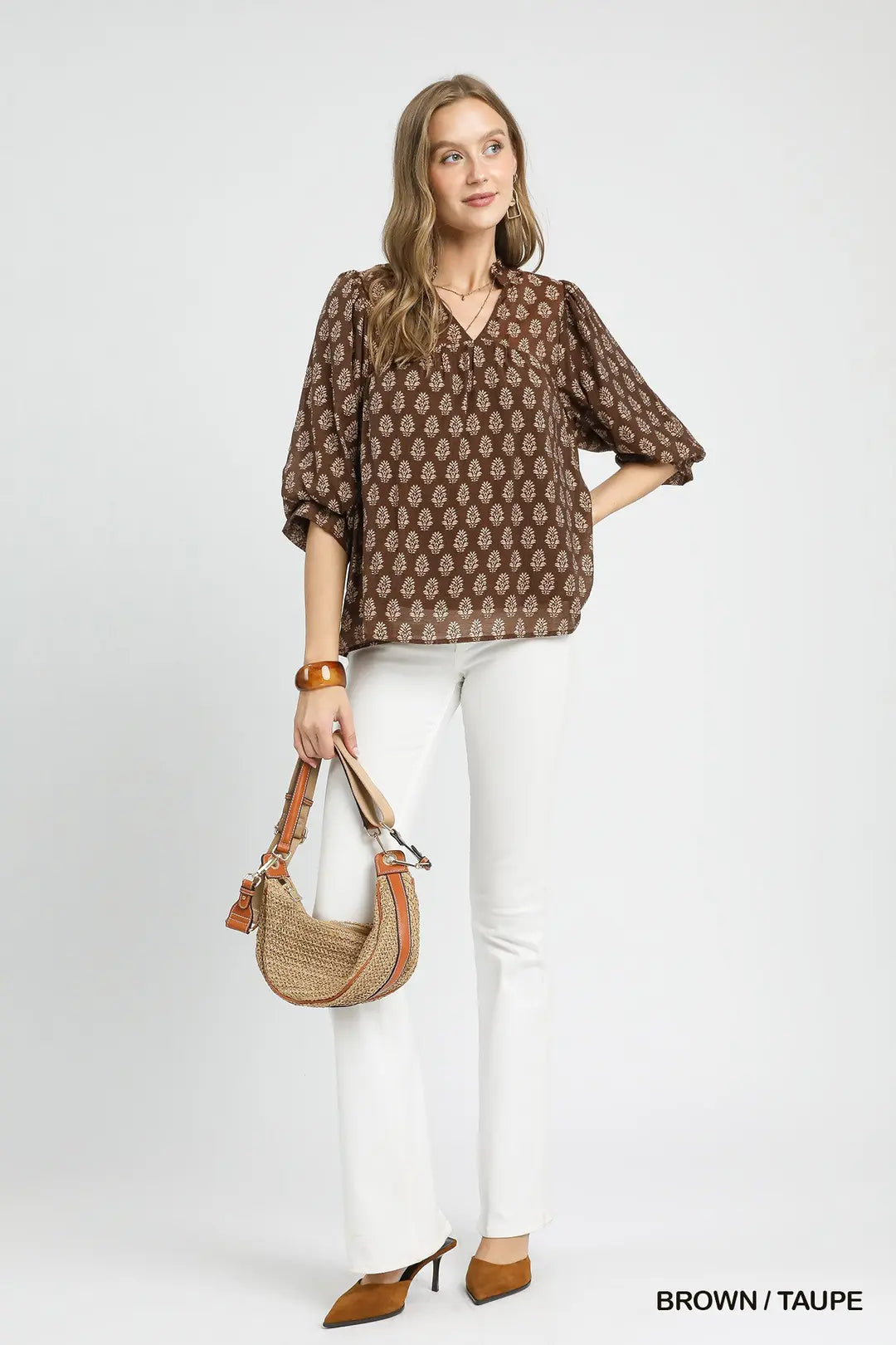 SPLIT NECK BROWN FLOWER TOP