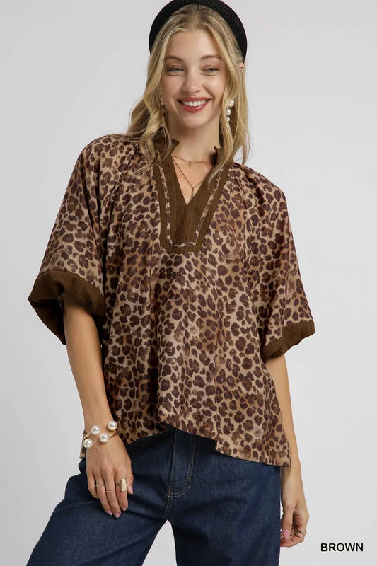 CHEETAH BUBBLE SLEEVE TOP