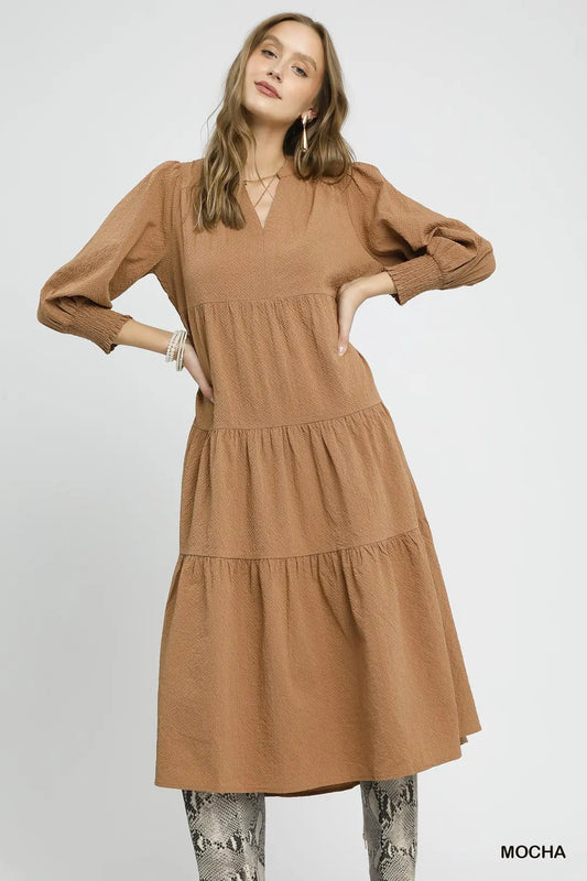 TEXTURED TIERED MIDI DRESS