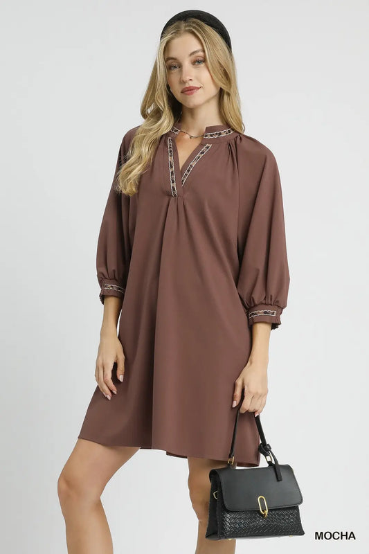 SHEER LEOPARD TRIM SHIFT MOCHA DRESS