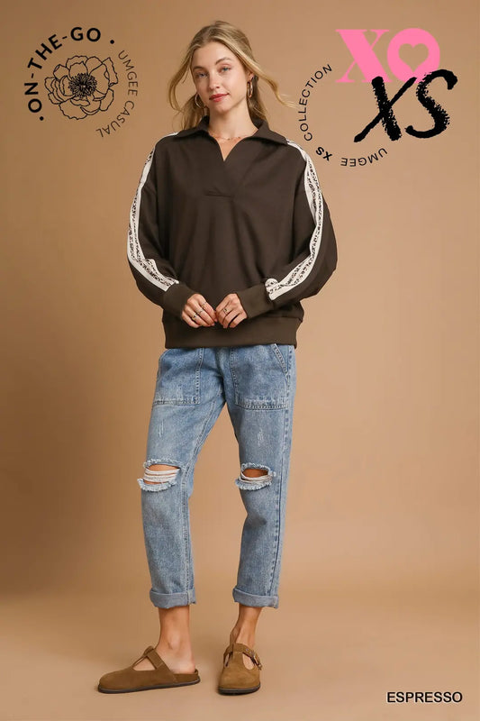 COLLARED LEOPARD STRIPE ESPRESSO TOP