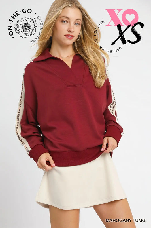 COLLARED LEOP STRIPE MAROON TOP