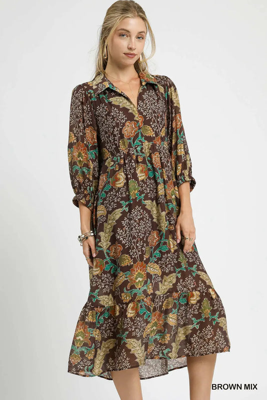 FLORAL COLLARED MIDI BROWN MIX DRESS