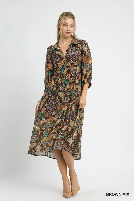 FLORAL COLLARED MIDI BROWN MIX DRESS
