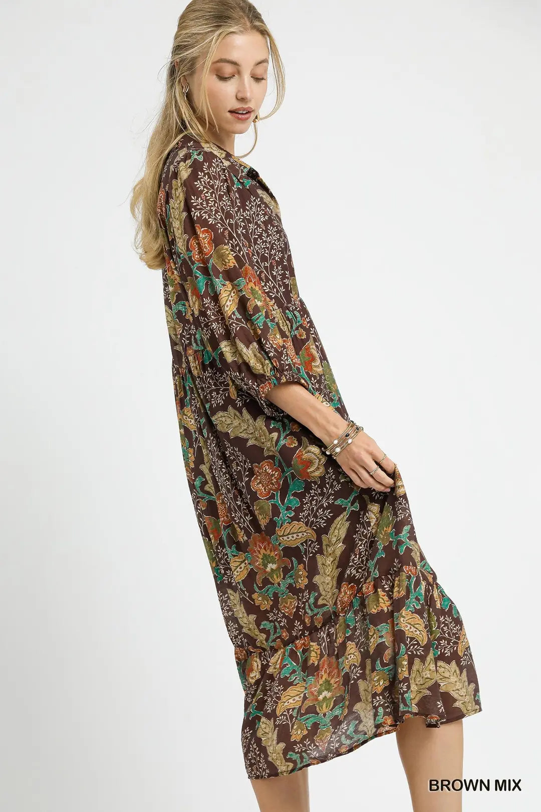 FLORAL COLLARED MIDI BROWN MIX DRESS