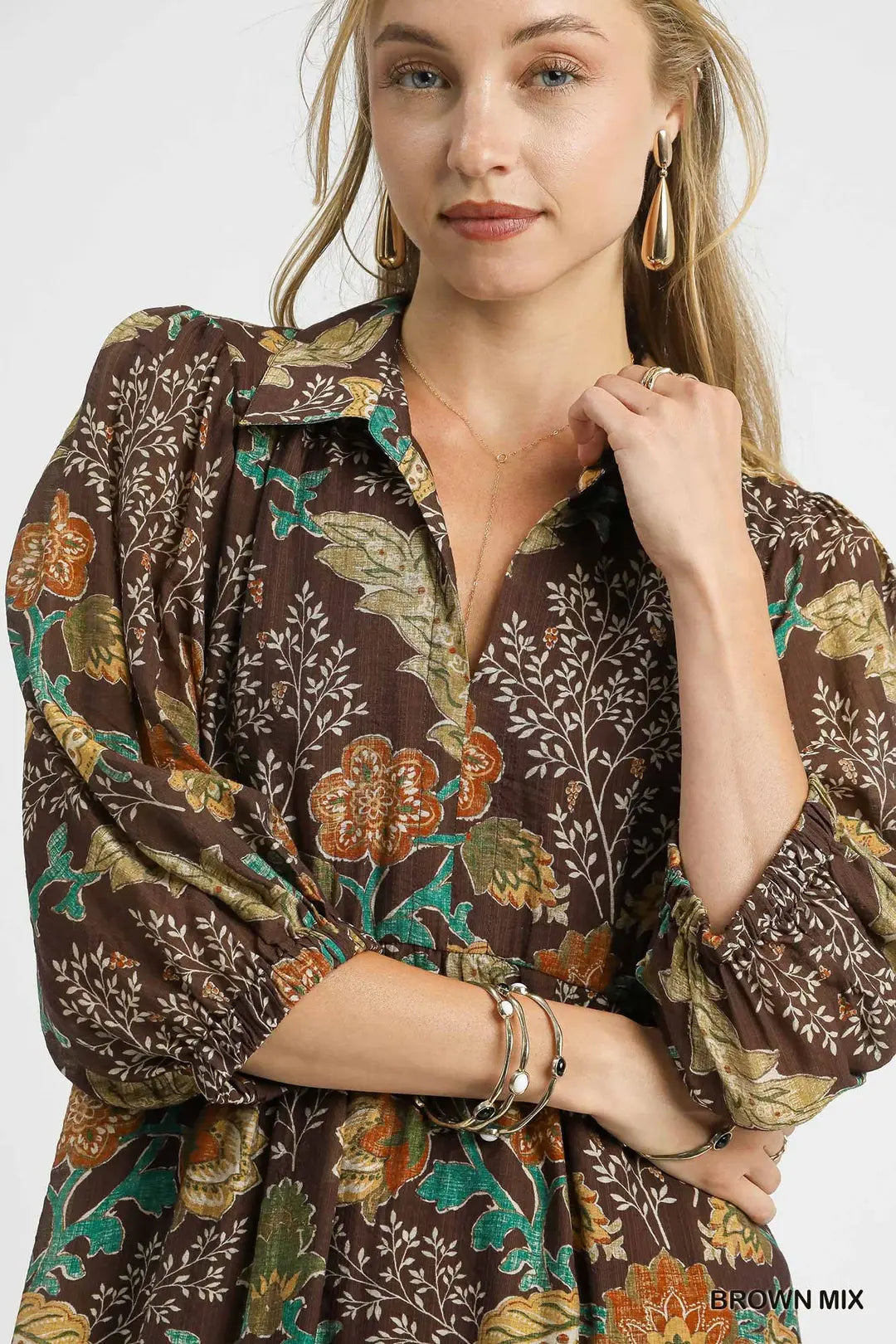 FLORAL COLLARED MIDI BROWN MIX DRESS