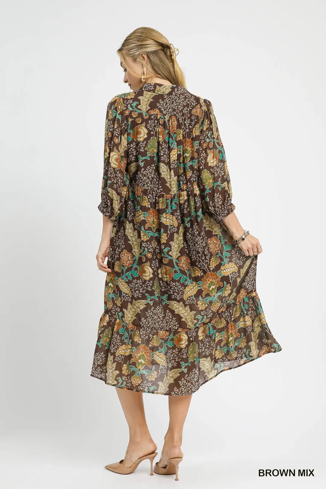 FLORAL COLLARED MIDI BROWN MIX DRESS