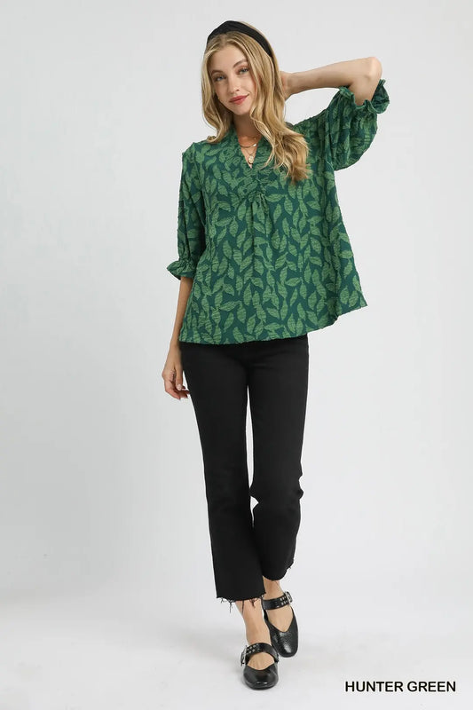 V-NECK FLORAL RUCHED GREEN TOP