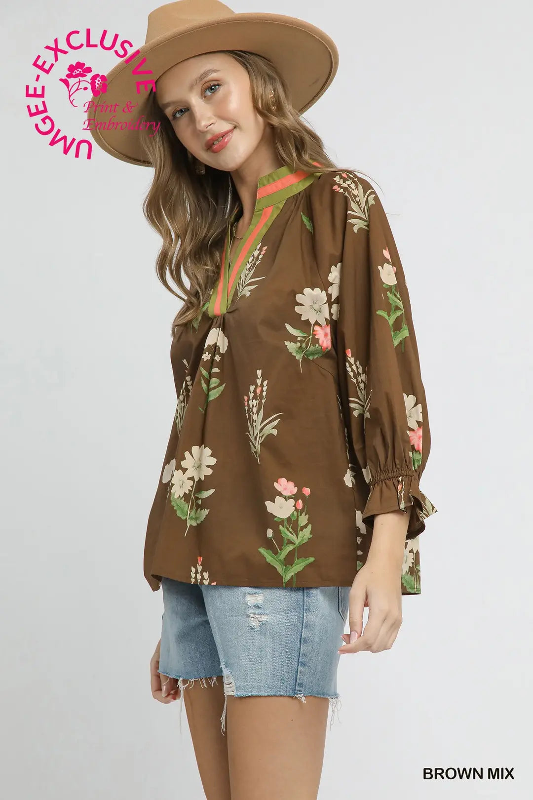 FLORAL CONTRAST TRIM BROWN MIX TOP