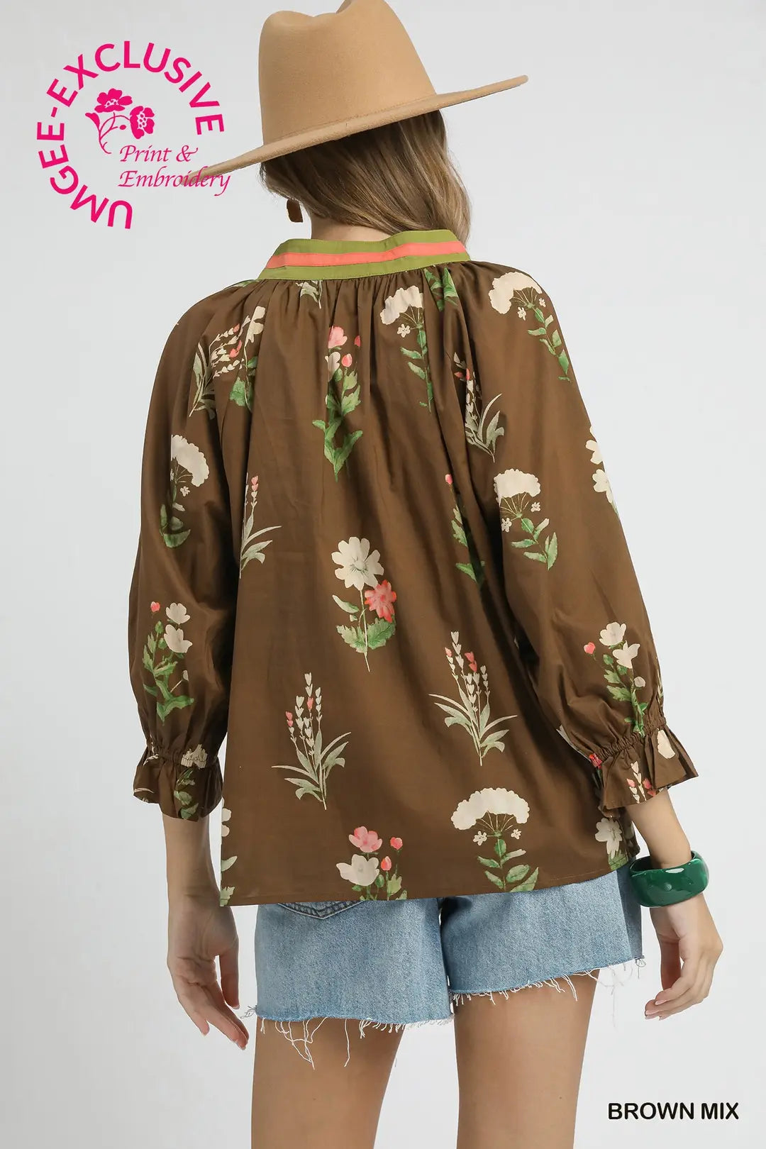 FLORAL CONTRAST TRIM BROWN MIX TOP