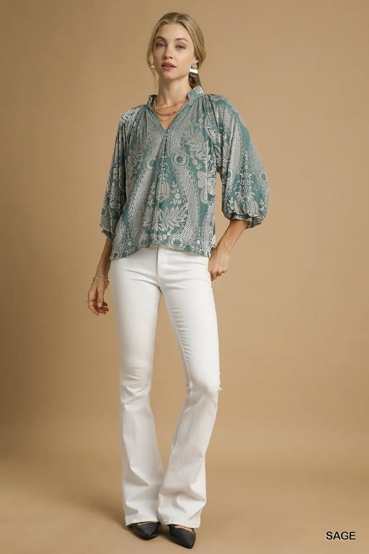 VELVET SAGE DAMASK TOP