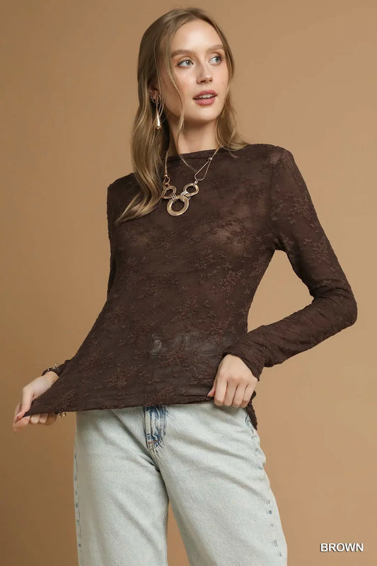 LACE SHEER BROWN LS TOP