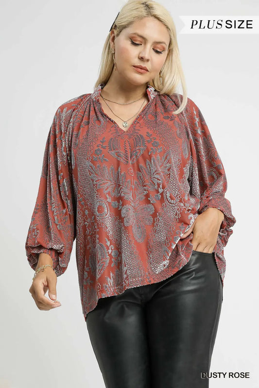 VELVET DUSTY ROSE DAMASK TOP