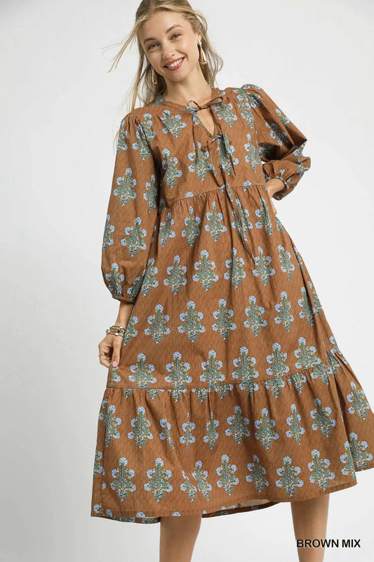 FLORAL BALLOON MIDI BROWN MIX DRESS