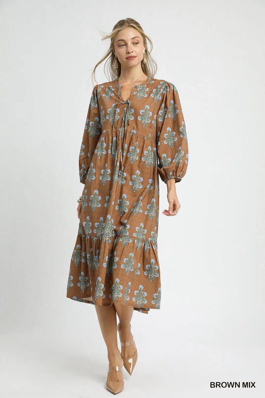 FLORAL BALLOON MIDI BROWN MIX DRESS