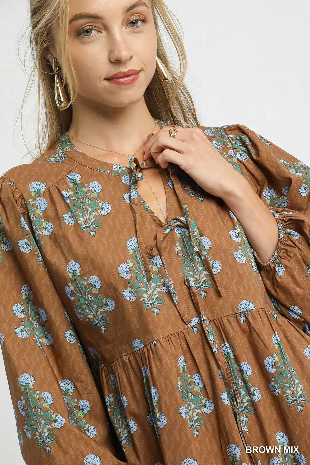FLORAL BALLOON MIDI BROWN MIX DRESS