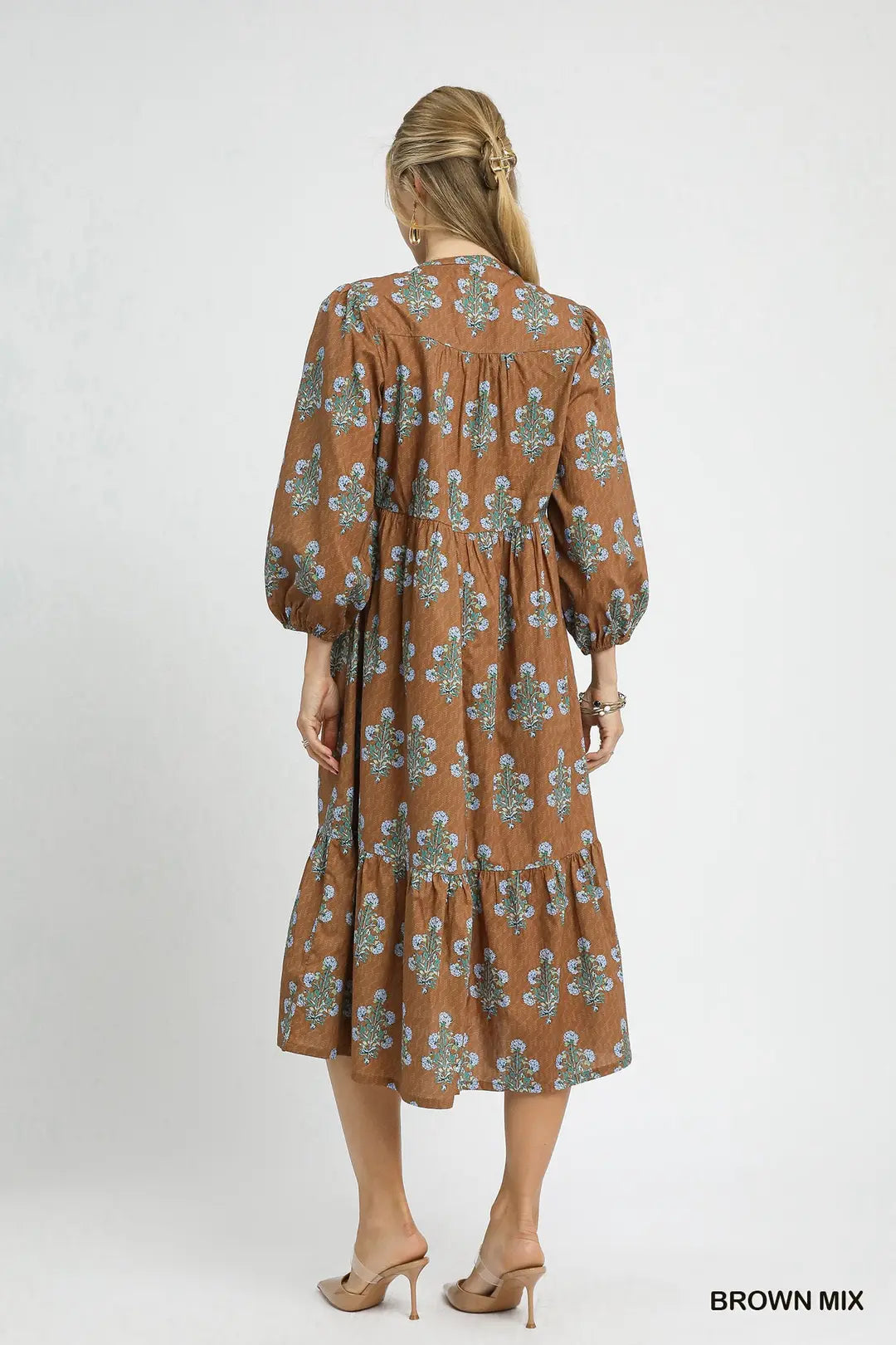 FLORAL BALLOON MIDI BROWN MIX DRESS