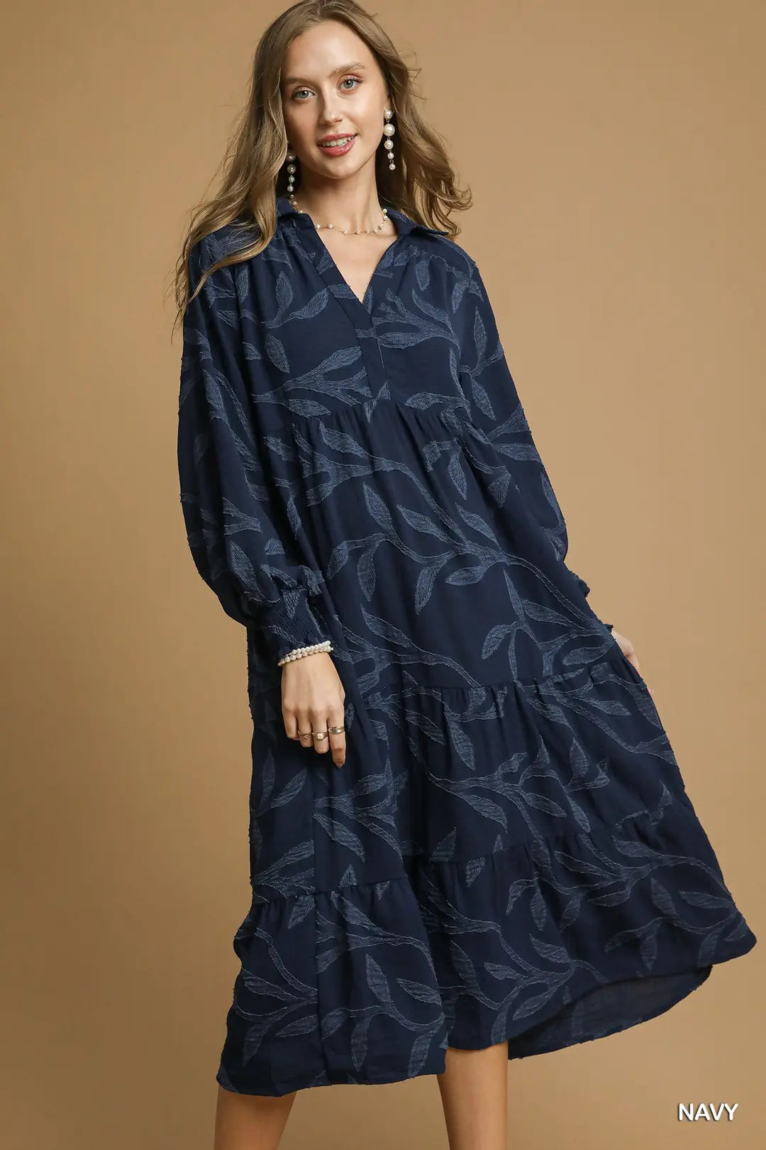 HIGH RUFFLE NECK NAVY DRESS