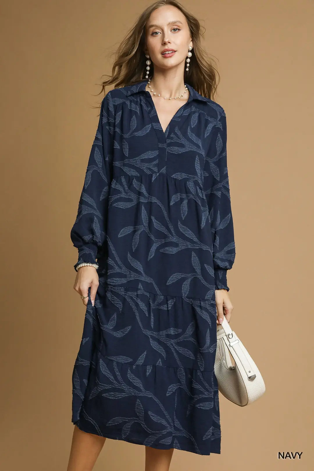 HIGH RUFFLE NECK NAVY DRESS