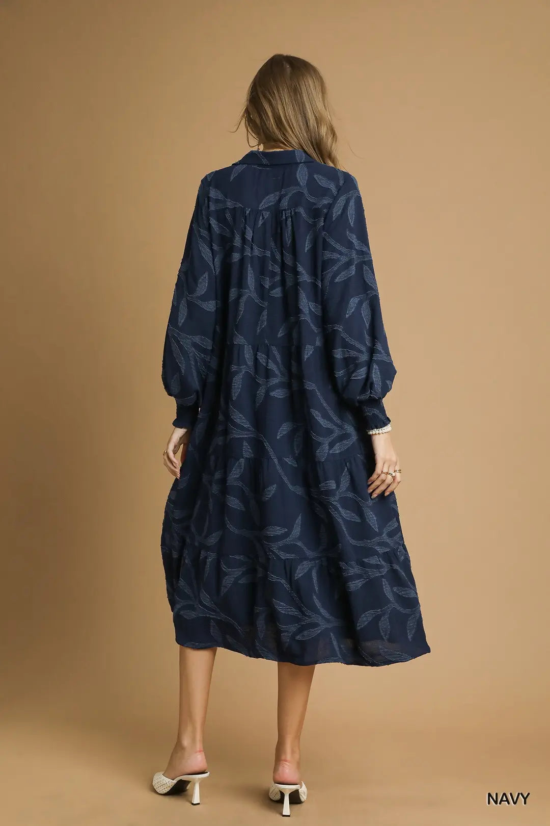 HIGH RUFFLE NECK NAVY DRESS