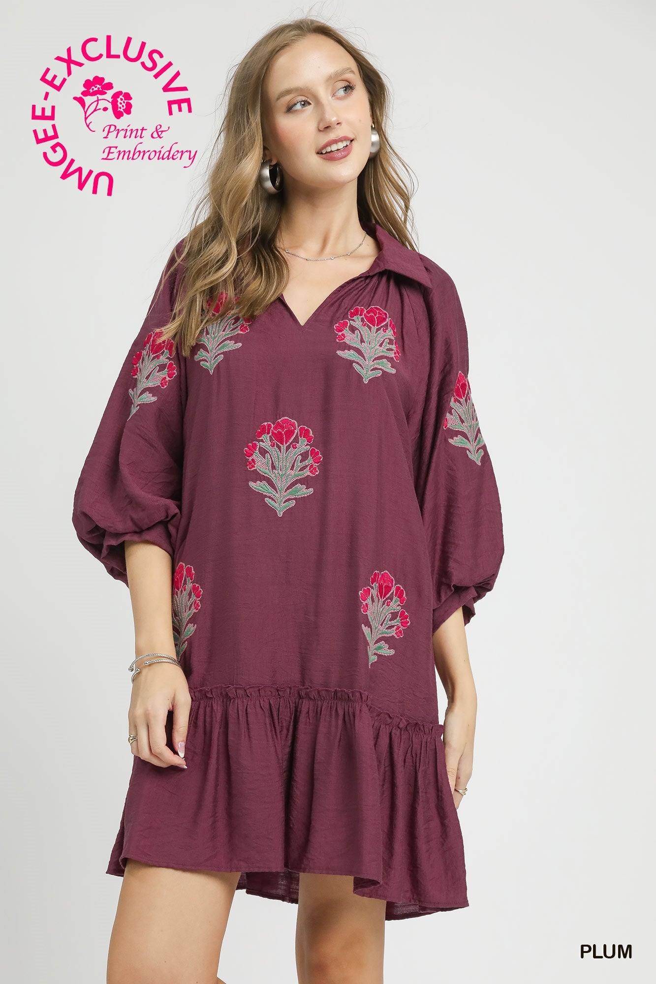 FLOWER STEM EMB PLUM DRESS