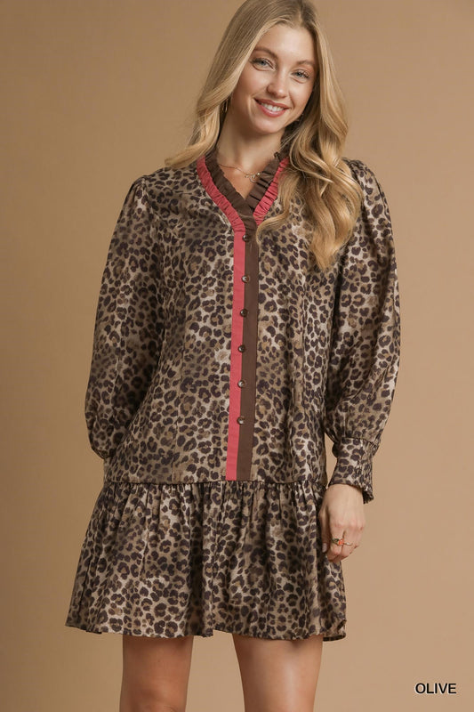 RUFFLE NECK MINI LEOPARD DRESS