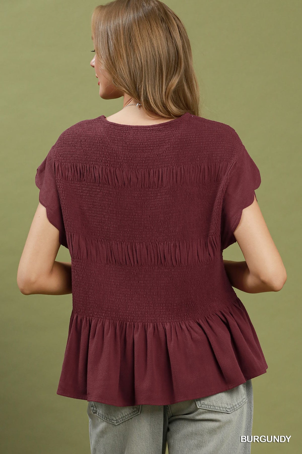 SMOCK PEPLUM BURGUNDY SS