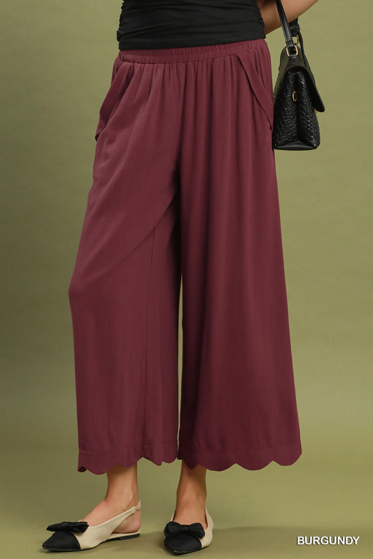 SCALLOP HEM WIDE LEG BURGUNDY PANTS