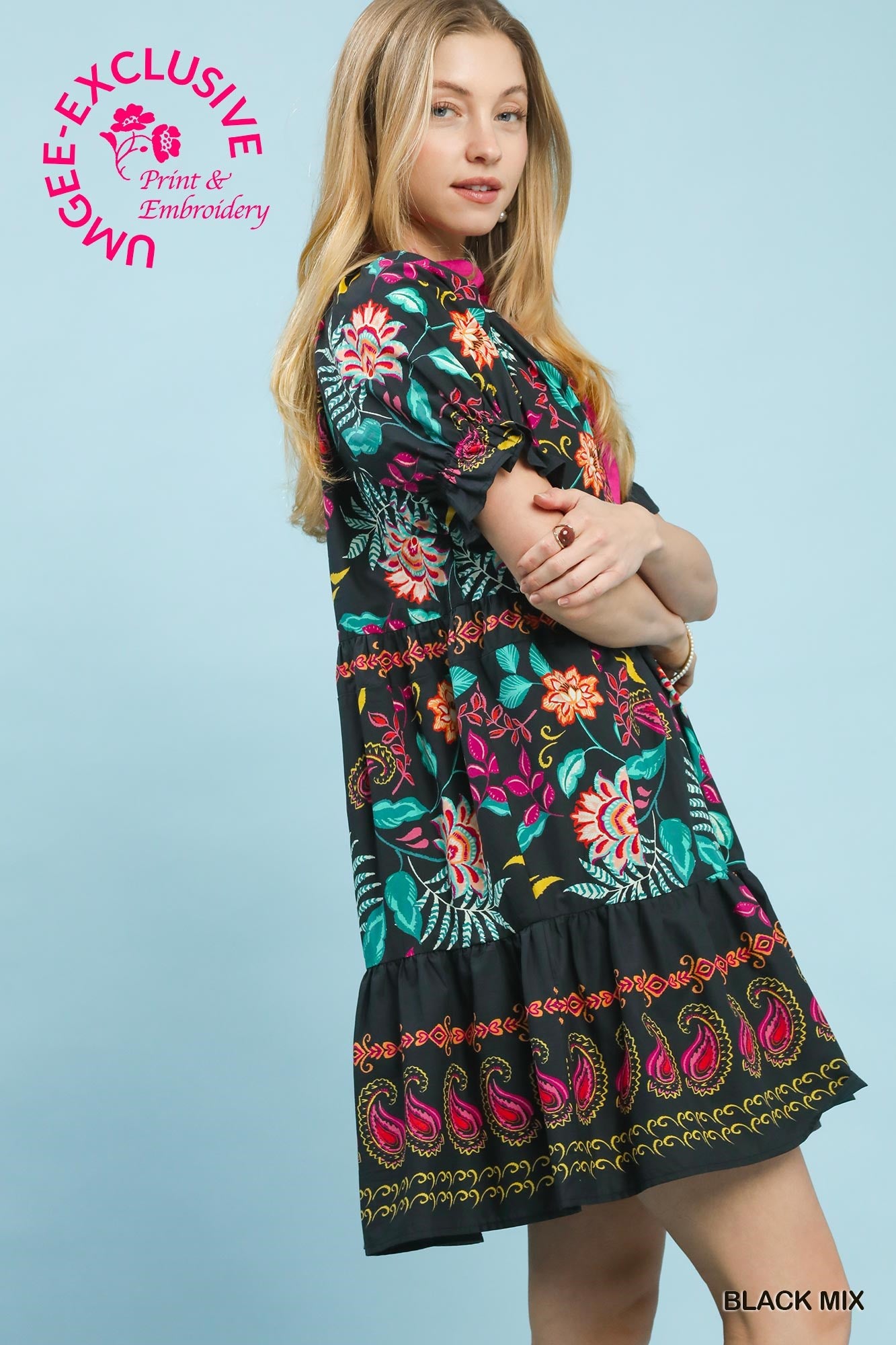 BLACK MIX PRINT MINI DRESS