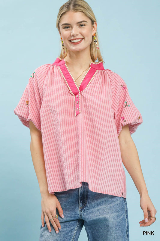 STRIPED EMB PINK TOP