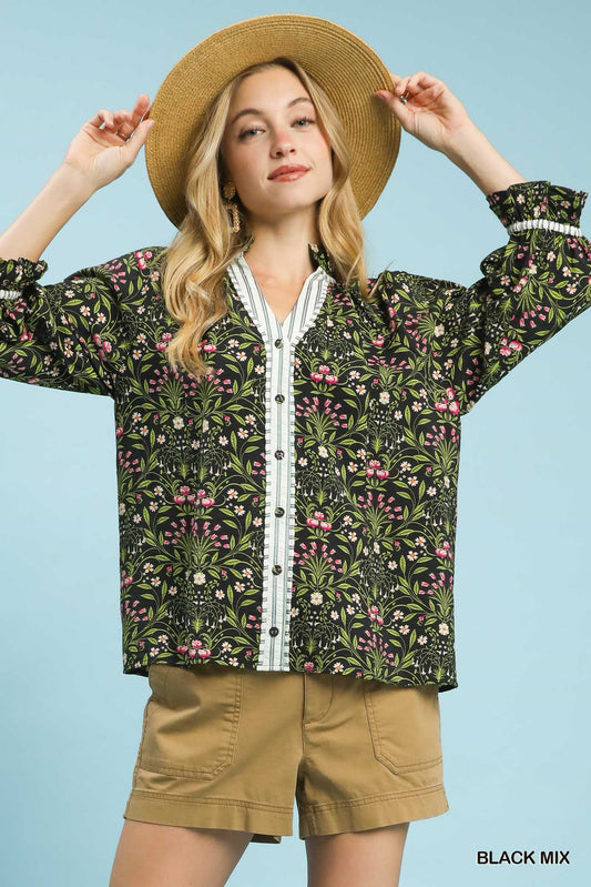 BLACK MIX FLORAL BUTTON TOP