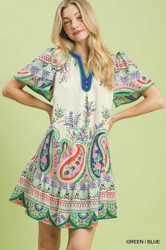 PAISLEY FLUTTER GREEN/BLUE DRESS