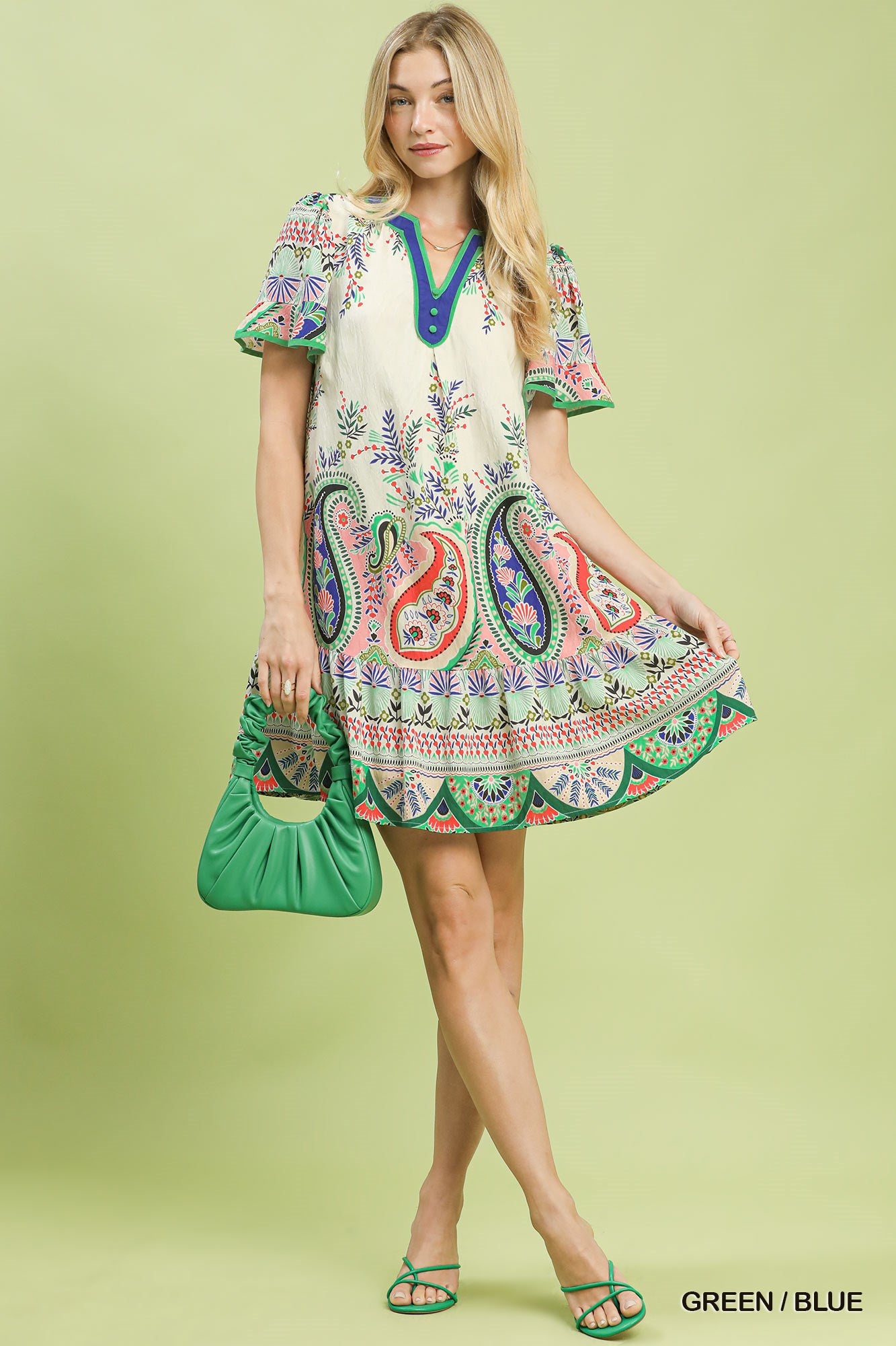 PAISLEY FLUTTER GREEN/BLUE DRESS