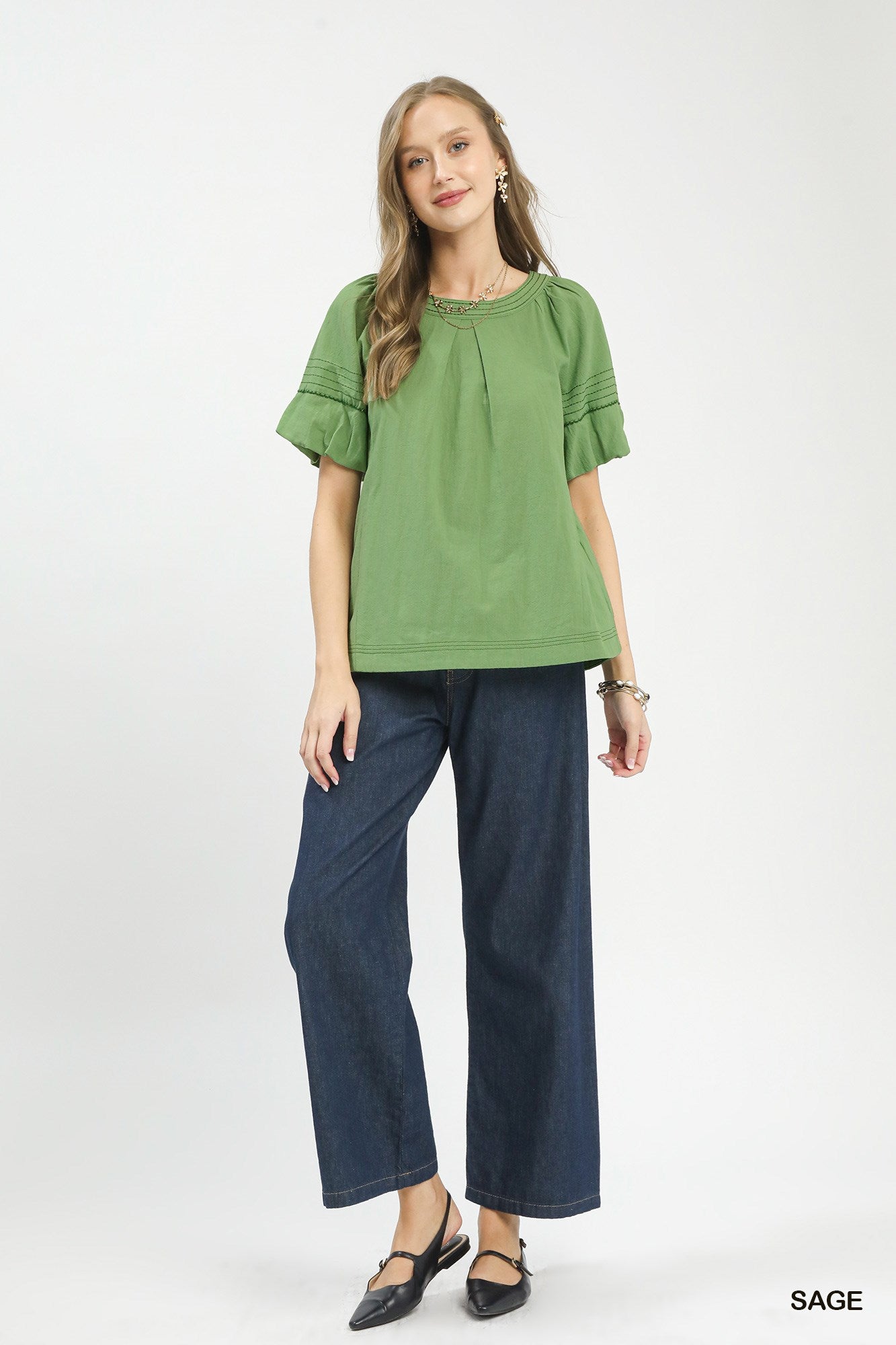 STITCHED ROUND NECK SAGE TOP